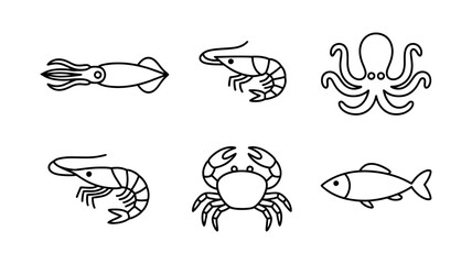 Obraz premium Collection of simple line icons representing seafood: squid shrimp octopus crab fish with illustration