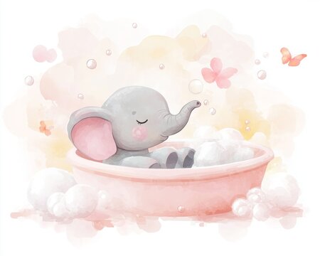 Elephant character relaxing in a spa bubble bath for mental health and relaxation concepts