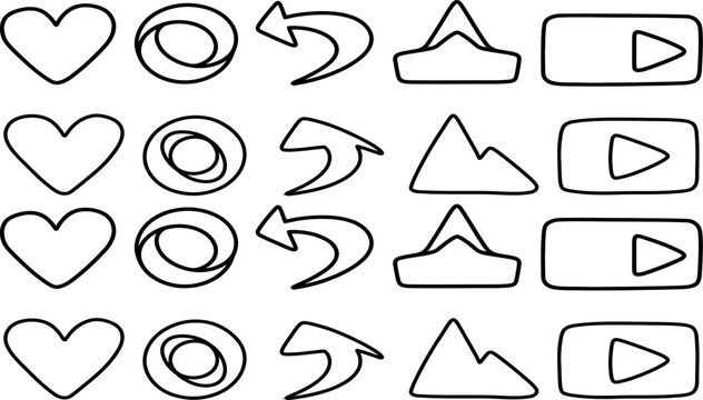 Doodle icons hearts arrows spirals triangles and play buttons hand drawn style