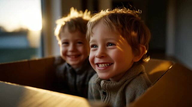 Two young boys laughing together while building a cardboard fort indoors, warm golden hour light streaming through window, documentary realism