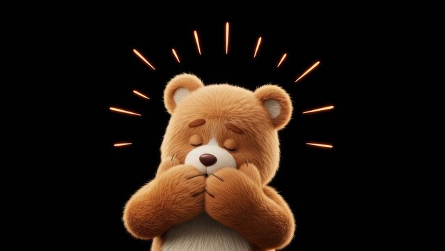 Animated brown teddy bear with closed eyes and concentrated expression
