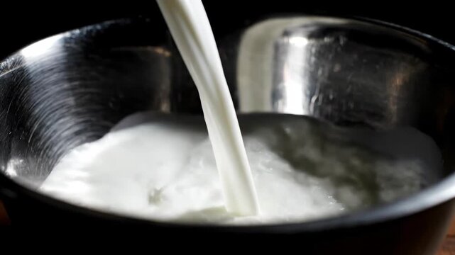 Pouring Milk into a Metal Bowl Creating Foam and Bubbles.