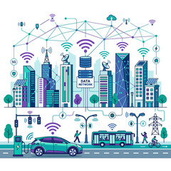 Obraz premium Vibrant urban landscape showcasing advanced digital infrastructure and seamless connectivity, illustrating the future of intelligent city living and sustainable technology integration
