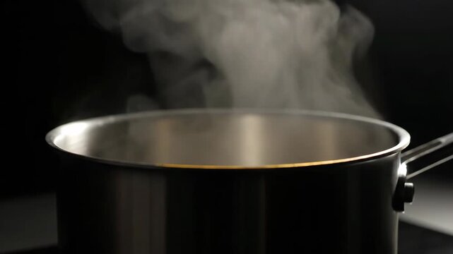 Boiling Steam Rising from a Cooking Pot in a Kitchen.