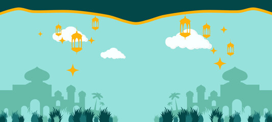 Islamic Ramadan background with mosque silhouette, hanging lanterns, and stars. Vector illustration for Eid Mubarak greeting card © afifurochim
