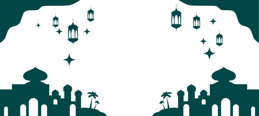 Islamic background green with mosque silhouette, hanging lanterns, and stars. Vector illustration for Eid Mubarak greeting card © afifurochim
