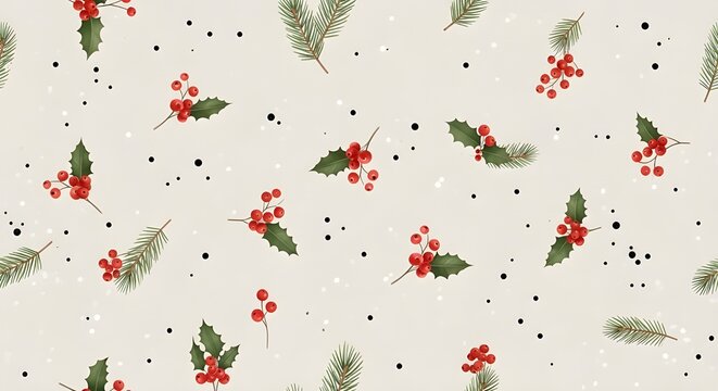 Vintage Christmas pattern with holly berries and pine branches, winter botanical seamless background, festive holiday floral texture