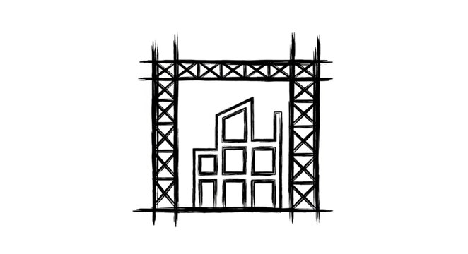 Sketch of a building under construction with scaffolding.