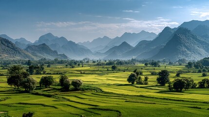 Obraz premium Serene Rice Fields Surrounded by Majestic Mountains in Countryside
