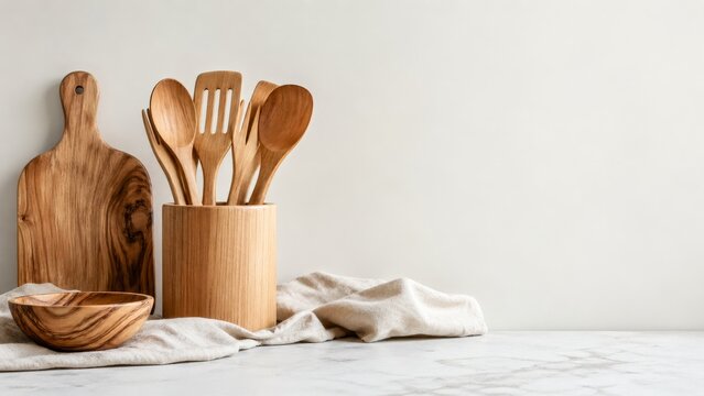Wooden kitchen utensils, cutting boards and bowl arranged on marble counter with copy space
