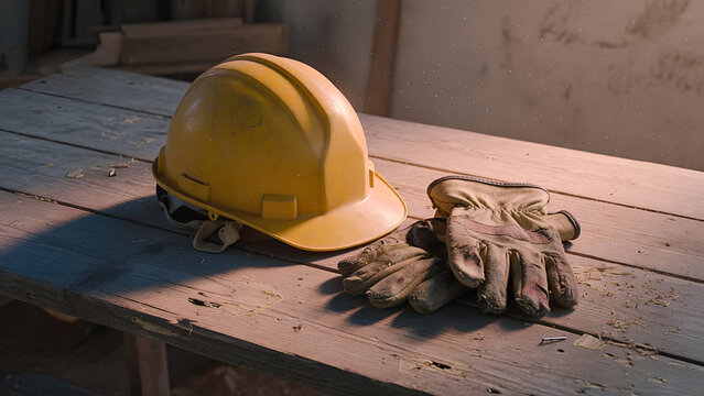 Yellow safety hard hat and work gloves on wooden table in workshop setting