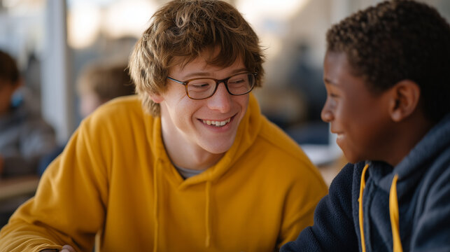 Special education paraprofessional supporting teenager with Down syndrome during mainstream science class, inclusive education model, high school integration, disability inclusion, co-teaching appro