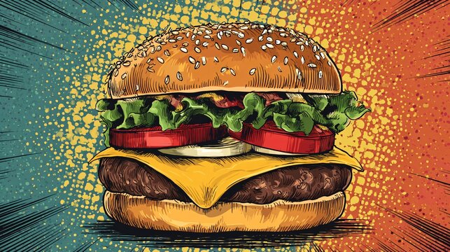 Vibrant Artistic Burger Illustration with Lively Comic Book Style