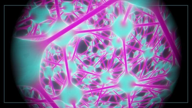 Seamlessly looping animation of abstract glowing neon pink and cyan neural network cells