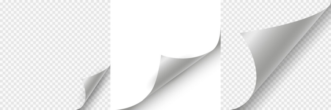 Blank page with curled edge corner from smaller to larger set, rolled up stickers set, peel banners, bent sheet, page curl sheet, curled page corner isolated