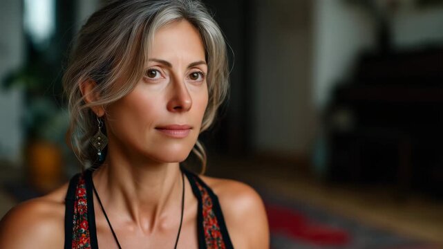 White woman in her fifties practicing yoga breathing on living room floor, diffused natural light, peaceful and grounded expression