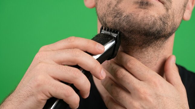 man trimming beard with electric trimmer on green background closeup