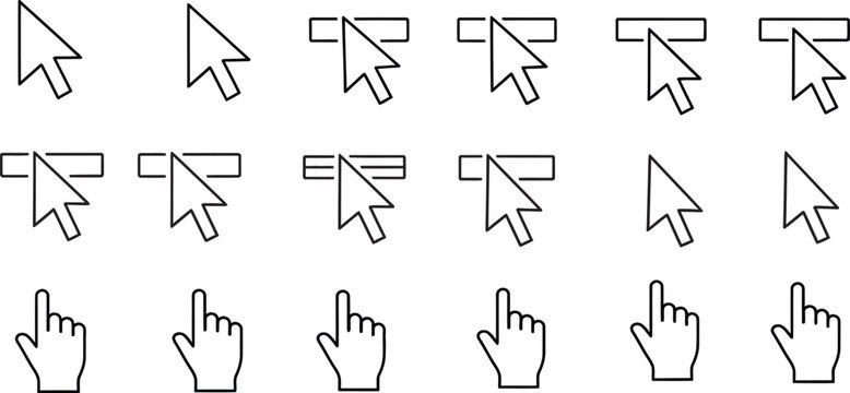 Collection of hand cursor icons and finger pointing silhouettes