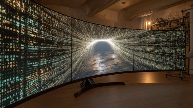 Before and after concept: classical binary string on aged green-screen terminal vs. quantum superposition probability amplitude visualization on modern curved display, technology evolution, computin