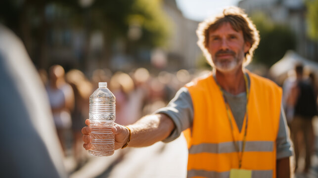 Election volunteer handing water bottles to a long line of voters outside a polling station on a hot June afternoon, voter support, heat relief, polling queue, civic volunteer service, summer electi