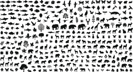 Fototapeta premium Huge collection of animal plant and insect silhouettes including wildlife birds fish and trees black vector icon set