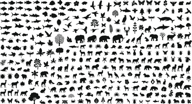 Huge collection of animal plant and insect silhouettes including wildlife birds fish and trees black vector icon set
