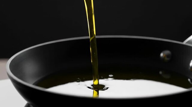 Pouring Oil into a Black Pan for Cooking Preparation.
