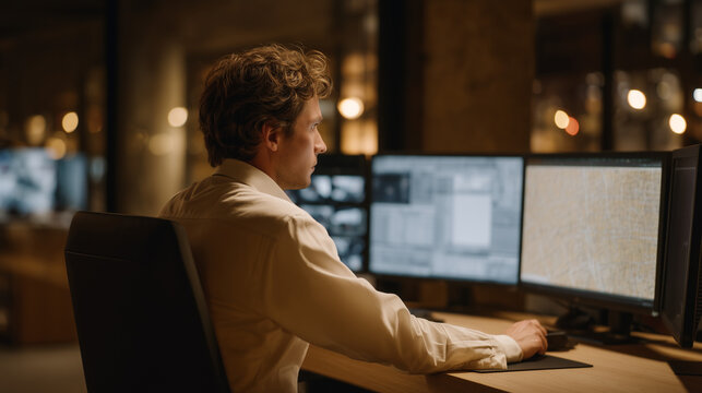 Fraud detection engine flags a suspicious wire transfer string on a split-screen workstation inside a bank security operations room. A financial crimes investigator circles a transaction node on a p