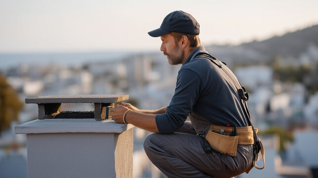 Home inspector on a rooftop examines deteriorating flashing around a chimney stack, kneeling close with a moisture meter in hand. The neighborhood rooftops stretch behind in a summer haze, a harness