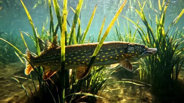 A pike swims through a serene underwater scene with tall aquatic plants and clear water.
