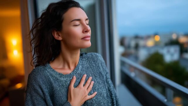 Woman practicing mindful breathing exercise while standing at bedroom window during blue hour twilight, hands on chest and abdomen, room softly lit, ideal for anxiety relief, medit