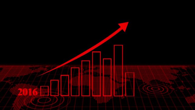 Stylized financial growth chart with ascending bar graph and upward arrow over digital world map grid animation