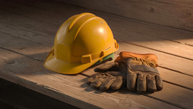 Yellow safety hard hat and worn work gloves on rustic wooden planks, construction safety gear