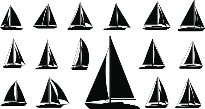 Set of sailboat silhouettes isolated on white background nautical yacht icons collection for marine and travel design use