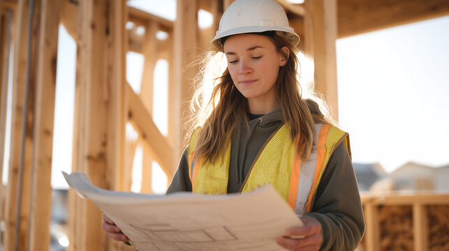 Affordable housing construction site at the framing stage, a female site supervisor reviews structural drawings clipped to a site board while workers raise stud walls behind her. Midday summer sun f