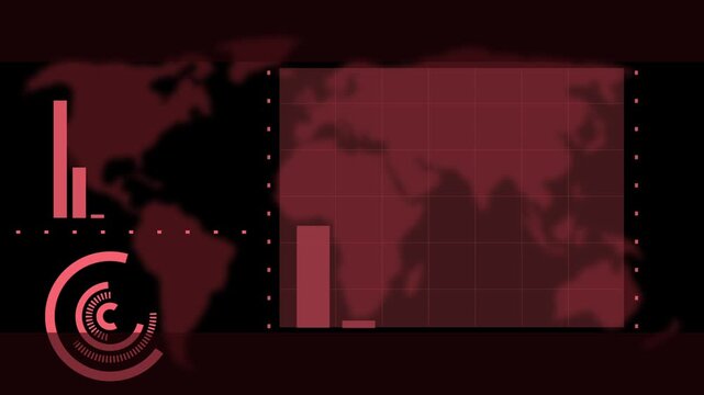 World map background with grid vertical bar charts animation, circular hud elements and dotted markers background