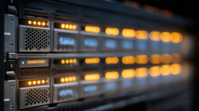 Quantum random number generation server rack with blinking entropy indicator lights, close detail of front panel in dark server room, hardware infrastructure, cryptographic entropy source, cybersecu