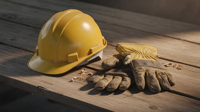 Yellow construction hard hat resting on leather work gloves with wood shavings on wooden table