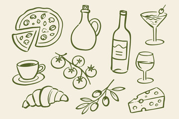 Plakat Italian food and drink set naive sketch vector illustration