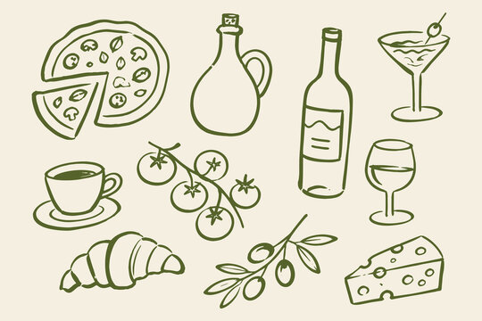 Italian food and drink set naive sketch vector illustration