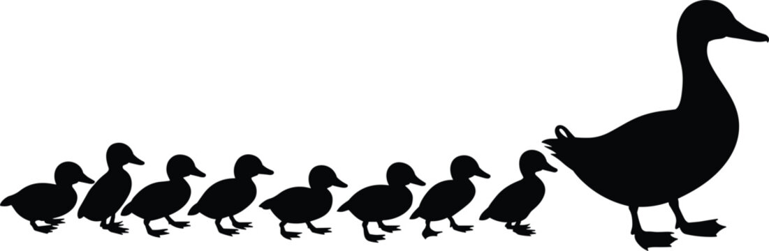 Black silhouette of a mother duck leading a line of eight ducklings on a white background family animals
