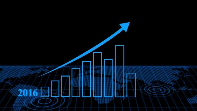 Stylized financial growth chart with ascending bar graph and upward arrow over digital world map grid animation