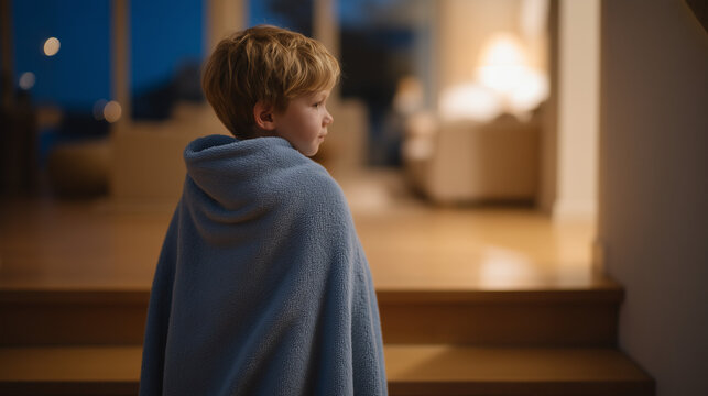 Child wrapped in a blanket stands at the top of a staircase at night looking down, parent visible at the base with one foot on the bottom step, soft lamplight from the living room spilling into the 