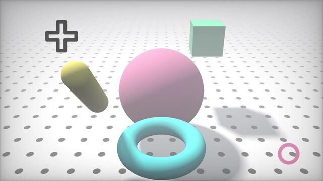 Abstract 3D geometric shapes floating over a dotted floor seamlessly looping animation