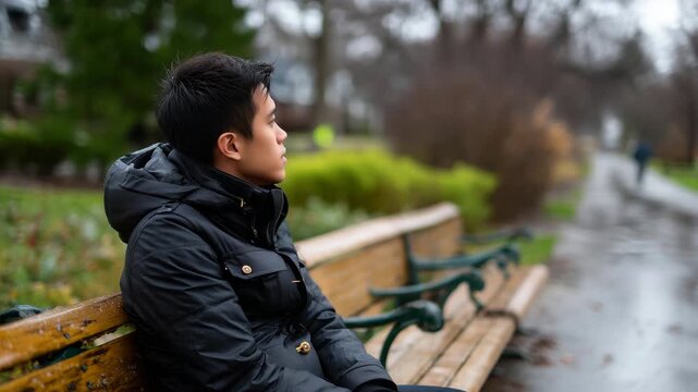 Young Asian man sitting alone on park bench in early spring rain, soft diffused light, quiet contemplative sadness