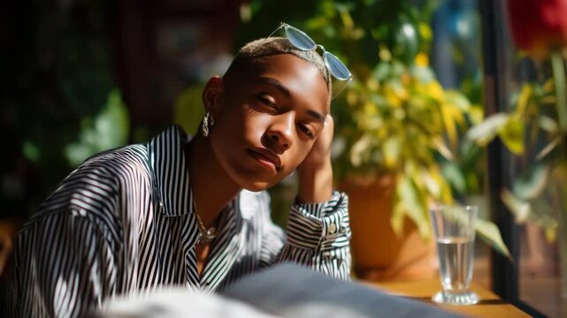 Young Black nonbinary person journaling in sunlit caf&eacute; corner, dappled spring light, relaxed and self-aware expression, magazine editorial feel