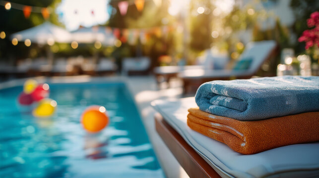 Cinematic wide view of a bright softly defocused outdoor pool with scattered colorful floaties and a lounger with folded towels no visible faces family rest outdoor pool