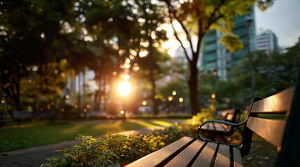 Fototapeta premium Cinematic wide view of a bright softly defocused urban park at sunset with soft silhouettes of trees and benches between the surrounding buildings urban park city escape sunset