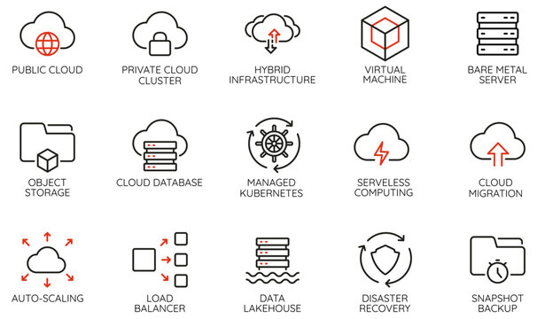 Vector Set of Linear Icons Related to Cloud Computing, Services and Data Infrastructure