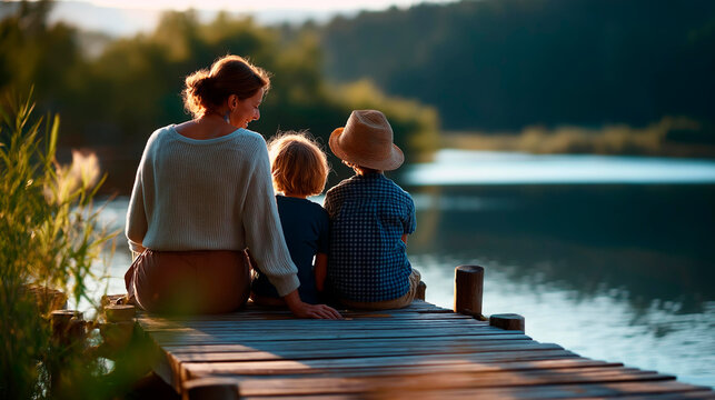 Back view silhouettes of a family seated on a bright softly defocused wooden dock overlooking a calm lake at soft afternoon light lake holiday family bonding summer break dock